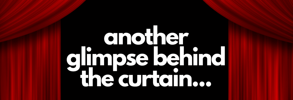Stage curtains revealing the text “another glimpse behind the curtain - Float On Counseling” to go along with the theme of the blog post, A Day in The Life of a Therapist.