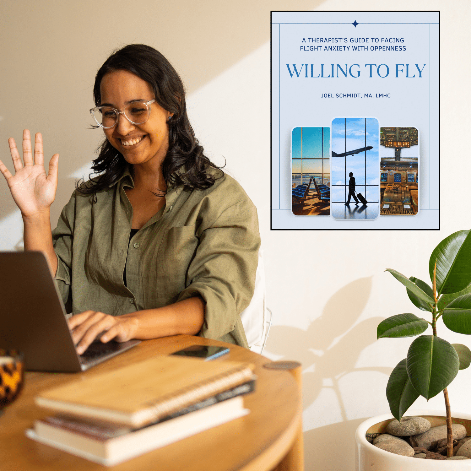 Woman participating in a virtual strategy session with the Willing to Fly workbook displayed on screen