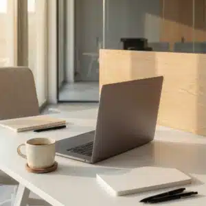 Laptop on desk in a quiet home office setting used for virtual therapy sessions